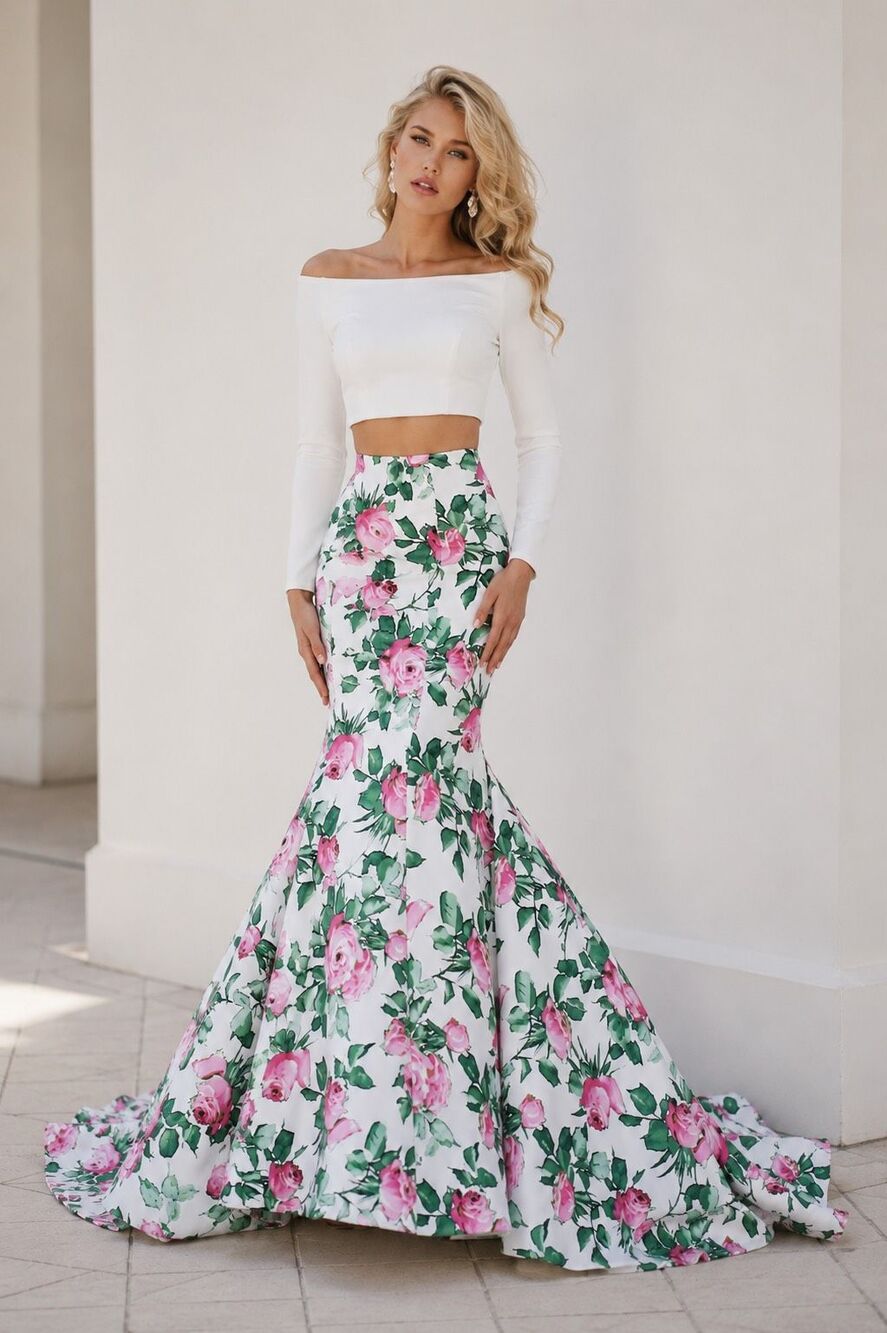 Sherri Hill 2016 Two Piece Floral Mermaid Prom Gown White Pink Off Shoulder Sz 6
